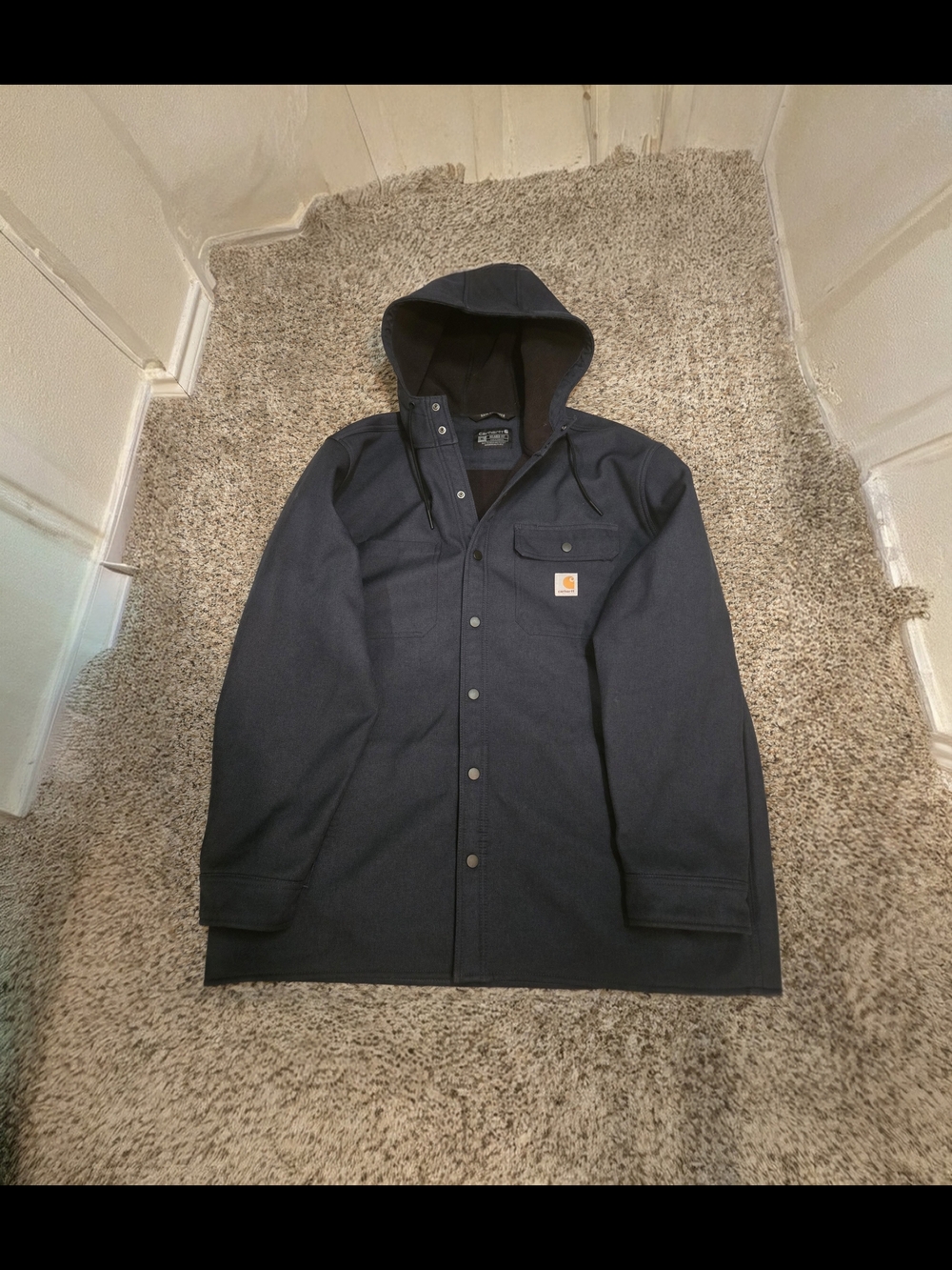 Rain Defender Carhartt Navy Hooded Raincoat with Chest Pocket. In Excellent Cond